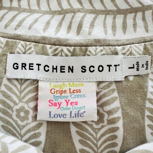 Gretchen Scott 100% Cotton Leaf Print Tunic Blouse Earthy Boho Vegan Natural Lg - Picture 7 of 8